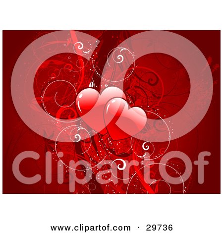Clipart Illustration of Two Red Shiny Hearts In The Center Of A Red Background With Waves And Curly Vines  by KJ Pargeter