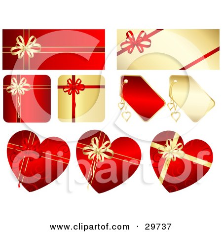 Clipart Illustration of a Set Of Gold And Red Rectangle, Square And Heart Shaped Gifts And Tags With Ribbons And Bows by KJ Pargeter