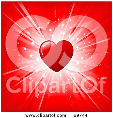 Clipart Illustration of a Shiny Red Heart Over A Red Background With A Bright White Burst Of Light And Stars by KJ Pargeter