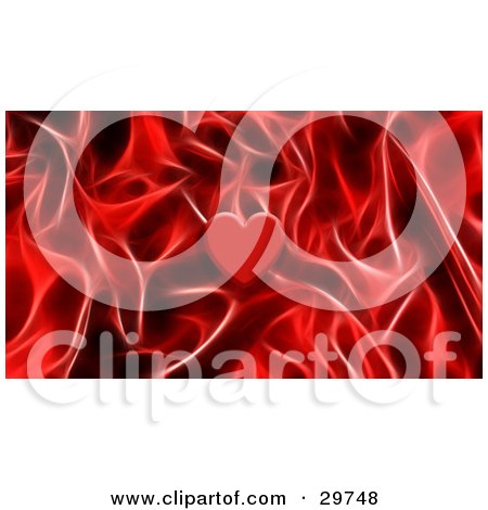 Clipart Illustration of a Single Red Heart In The Center Of A Background Of Red Hot Flames by KJ Pargeter