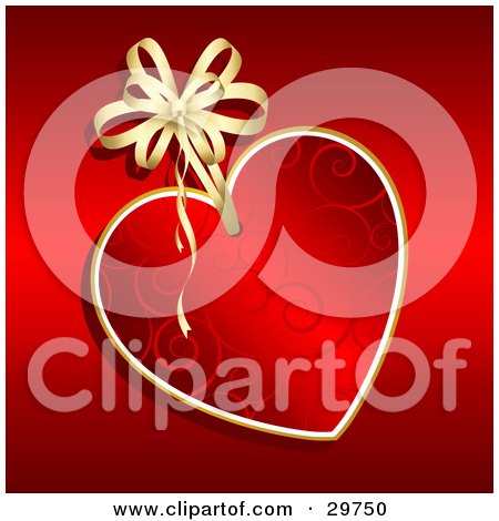 Clipart Illustration of a Red Swirl Patterned Heart Tag With A Gold Ribbon, On A Red Background by KJ Pargeter