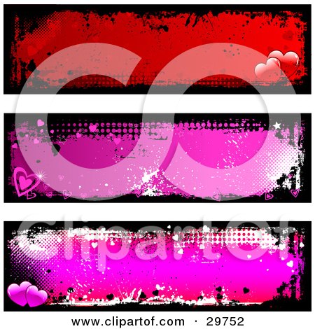 Clipart Illustration of a Set Of Three Red And Pink Grunge Website Banners Or Headers With Black Grunge Borders And Hearts by KJ Pargeter