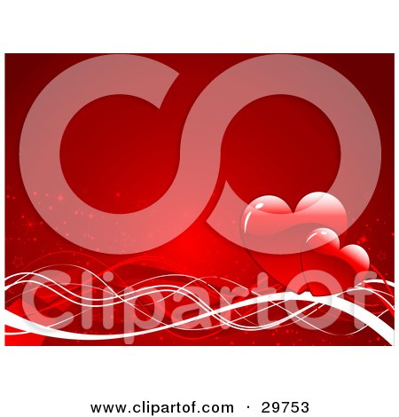 Clipart Illustration of Two Red Hearts On Waves Of Red And White On A Gradient Red Background by KJ Pargeter
