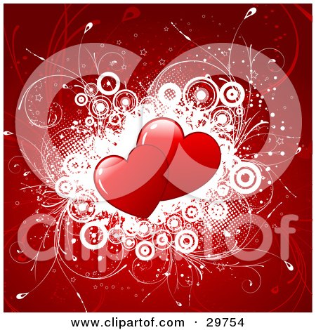 Clipart Illustration of Two Red Hearts Over A Cluster Of White Circles With Vines On A Background Of Red by KJ Pargeter