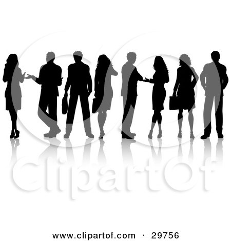 Clipart Illustration of Silhouetted Corporate Business Men And Women Holding Conversations And Carrying Briefcases by KJ Pargeter