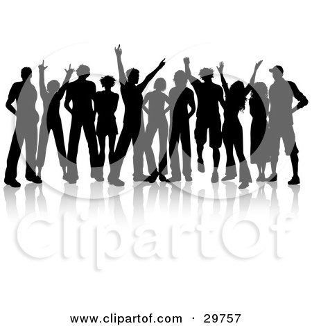 Clipart Illustration of a Crowd Of Silhouetted Male And Female Teenagers Hanging Out And Holding Their Arms Up by KJ Pargeter