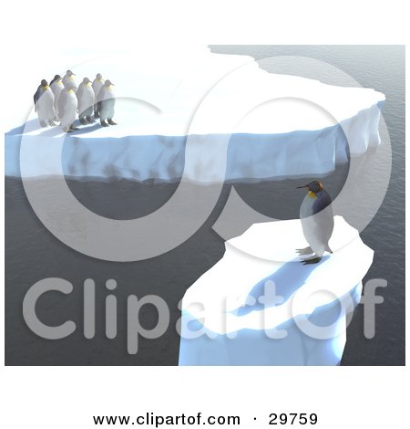 Clipart Illustration of a Lone Penguin Standing On An Iceberg, Separated From A Group Of Other Birds, Symbolizing Individuality Or Global Warming by KJ Pargeter