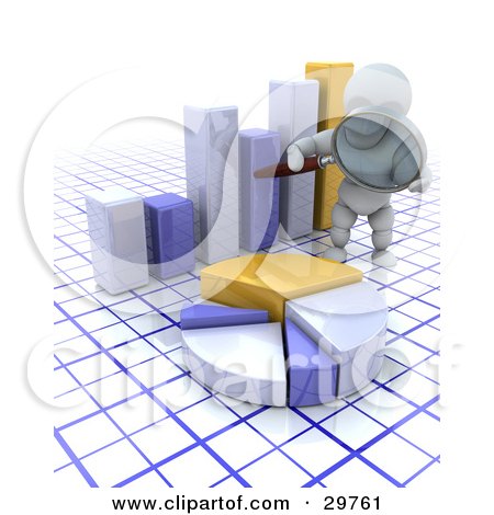 Clipart Illustration of a White Character Auditor Inspecting A Pie Chart And Bar Graph With A Magnifying Glass, On A Grid Surface by KJ Pargeter