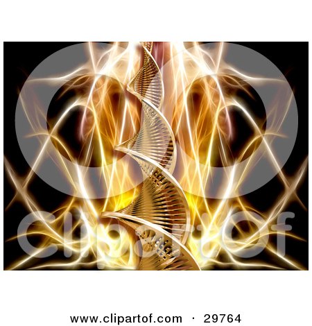 Clipart Illustration of a Strand Of Gold DNA Over A Fiery Fractal Background On Black by KJ Pargeter