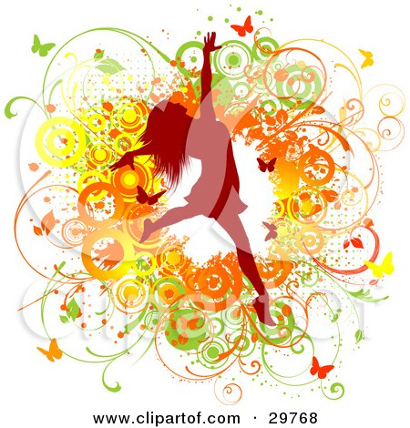 Clipart Illustration of a Red Silhouetted Woman Leaping Over A Green, Yellow And Orange Grunge Background Of Vines, Circles And Butterflies by KJ Pargeter