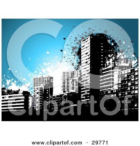 Clipart Illustration of a Black Grunge City Skyline Over Blue With Black And White Splatters by KJ Pargeter