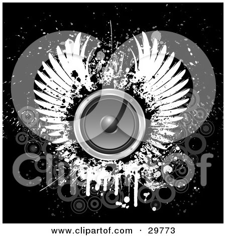 Clipart Illustration of a Pair Of White Wings Around A Circle Speaker On A Black Grunge Background With Faded Gray Circles by KJ Pargeter