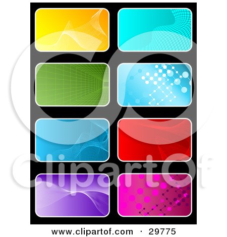 Clipart Illustration of a Set Of Eight Yellow, Blue, Green, Red, Purple And Pink Backgrounds On Black by KJ Pargeter