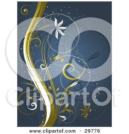Clipart Illustration of Gold And White Curling Vines With Sparkles On A Blue Background by KJ Pargeter