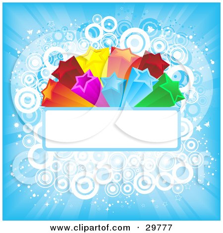 Clipart Illustration of a Colorful Orange, Red, Pink, Yellow, Green And Blue Bursting Stars On A Blank Text Bar Over A Blue Background Of Light Rays And Circles by KJ Pargeter