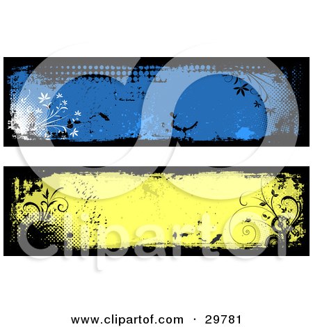 Clipart Illustration of a Blank Blue And Yellow Grunge Labels, Banners Or Headers Bordered In Black With Floral Accents by KJ Pargeter