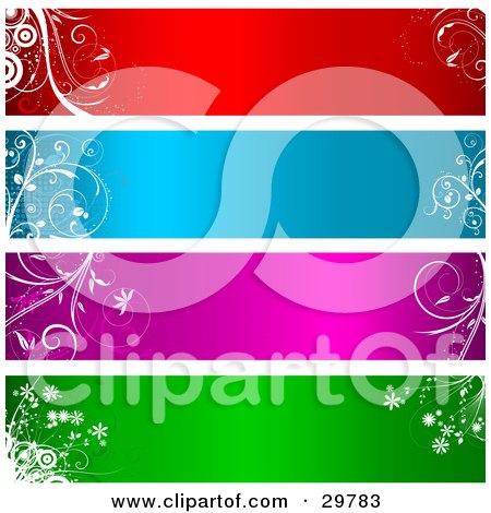 Clipart Illustration of a Set Of Four Red, Blue, Purple And Green Blank Labels, Headers Or Banners Bordered With Floral Designs And Circles by KJ Pargeter