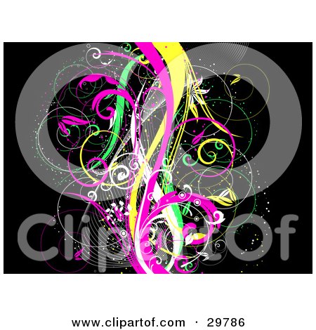 Clipart Illustration of Yellow, Pink, Green And White Curly Vines Over A Black Sparkly Background by KJ Pargeter
