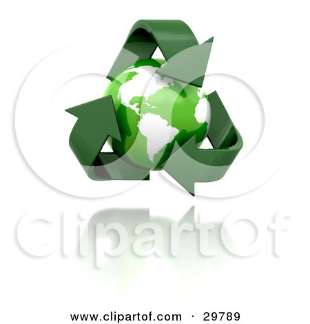 Clipart Illustration of The Green Planet Earth Inside A Triangle Of Recycle Arrows, Over A Reflective White Surface by KJ Pargeter