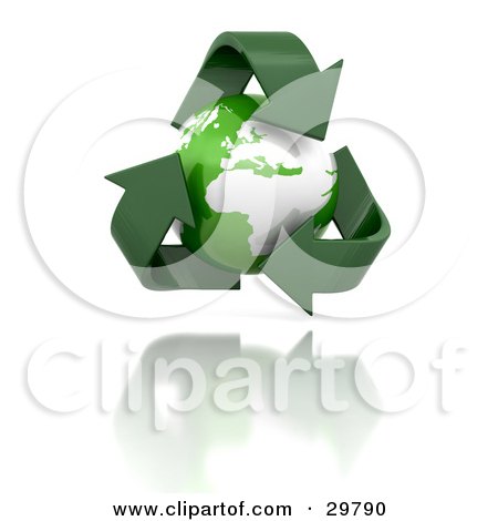 Clipart Illustration of a Triangle Of Green Arrows Around Planet Earth, Over A Reflective White Surface by KJ Pargeter