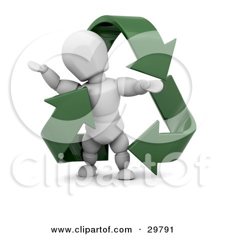 Clipart Illustration of a White Character Standing Inside A Triangle Of Green Recycle Arrows by KJ Pargeter