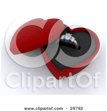 Clipart Illustration of a Silver Diamond Wedding Or Engagement Ring, Resting In An Open Red Heart Shaped Box by KJ Pargeter