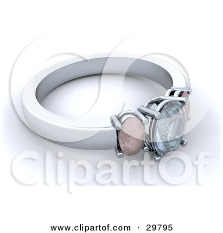 Clipart Illustration of a Silver Wedding Or Engagement Ring With A Diamond And Two Gemstones, Resting On A White Surface by KJ Pargeter