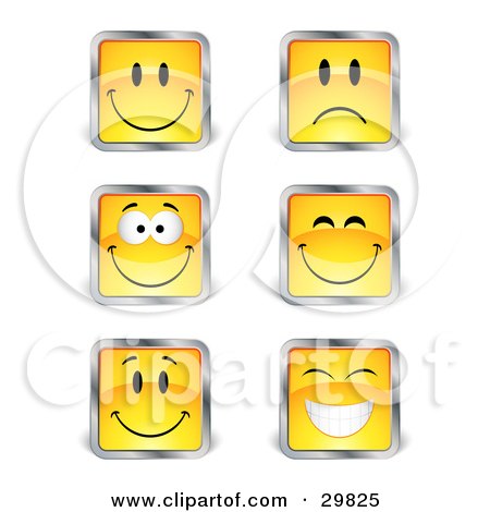 Clipart Illustration of a Set Six Yellow Square Happy And Sad Emoticon Faces With Silver Borders by beboy