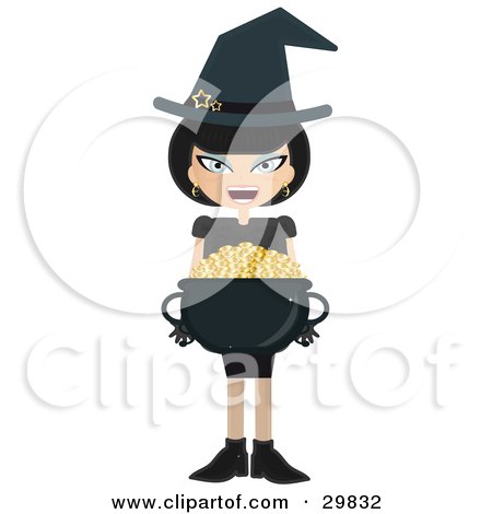 Clipart Illustration of a Black Haired Witch Carrying A Cauldron Full Of Gold Coins by Melisende Vector