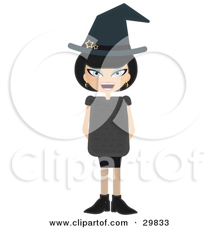 Clipart Illustration of a Laughing Evil Blue Eyed, Black Haired Female Witch With Stars On Her Hat, Holding Her Arms Behind Her Back by Melisende Vector