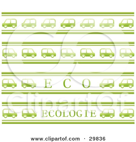 Clipart Illustration of a Background Of Green Cars Driving In Rows With "Eco" And "Ecologie" Text by Melisende Vector