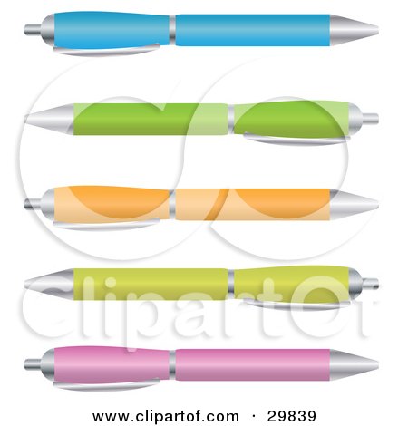 Clipart Illustration of a Set Of Blue, Green, Orange, Yellow And Pink Ballpoint Pens With Clicker Tops by Melisende Vector