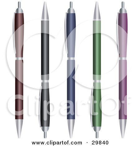 Clipart Illustration of a Set Of Red, Black, Blue, Green And Purple Ballpoint Pens With Push Tops by Melisende Vector