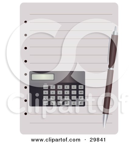 Clipart Illustration of a Pen And Calculator Resting On Blank Lined Pages Of A Notebook by Melisende Vector