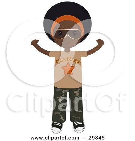 Clipart Illustration of an African American Teenage Boy In Camo Pants And A Soul Star Shirt, Holding His Arms Out by Melisende Vector