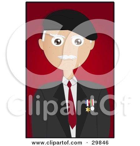 Clipart Illustration of a Male Senior Citizen Veteran With Military Medals On His Jacket, Over A Red Background With A Black Border by Melisende Vector