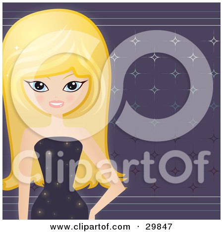 Clipart Illustration of a Beautiful Blond Caucasian Woman In A Sparkling Dress, Standing Over A Shiny Purple Star Background by Melisende Vector