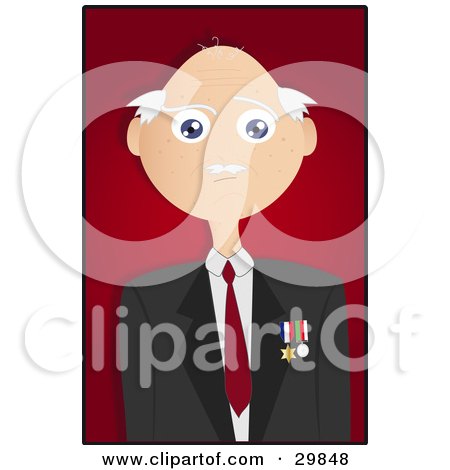 Clipart Illustration of a Bald Senior Veteran Man Wearing Medals On His Jacket, Over A Red Background With A Black Border by Melisende Vector