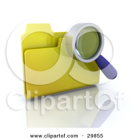 Clipart Illustration of a Magnifying Glass Searching The Contents Of A Yellow File Folder by KJ Pargeter