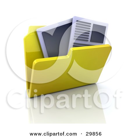 Clipart Illustration of an Open Yellow Folder With Text Documents by KJ Pargeter