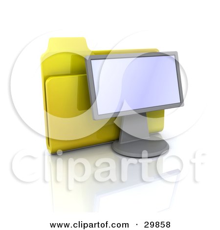 Clipart Illustration of a Yellow Folder Resting Behind A Computer Monitor by KJ Pargeter