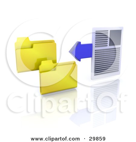 Clipart Illustration of a Word Document And A Blue Arrow Beside Two Yellow Folder Icons by KJ Pargeter