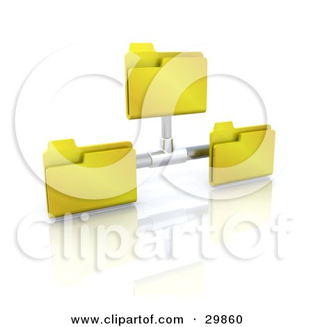 Clipart Illustration of Three Yellow Folders Sharing Files On A Network by KJ Pargeter