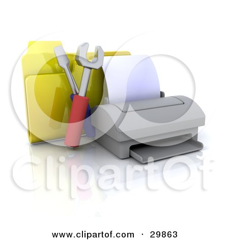 Clipart Illustration of a Computer Printer With Tools And A Yellow File Folder by KJ Pargeter