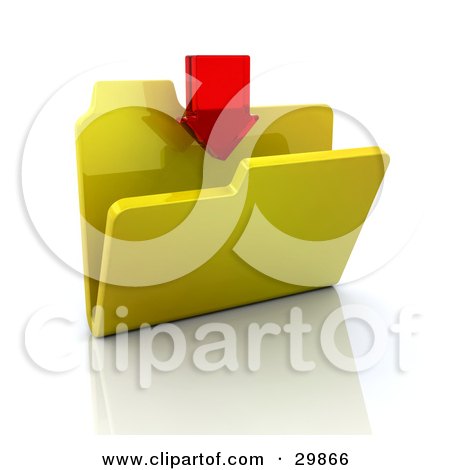 Clipart Illustration of a Red Transparent Arrow Pointing Down Into A Yellow Folder by KJ Pargeter