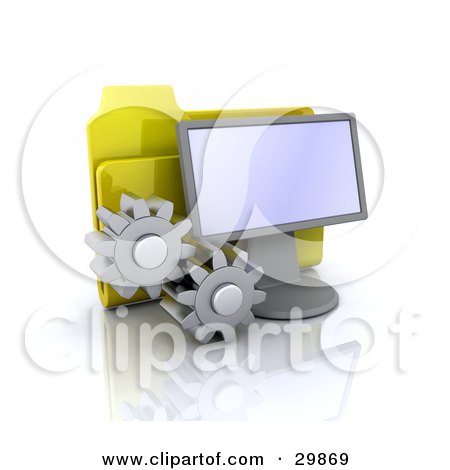 Clipart Illustration of a Yellow Folder Behind A Computer Screen, With Two Cogs by KJ Pargeter