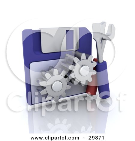 Clipart Illustration of Tools Beside A Floppy Disk With Cogs by KJ Pargeter