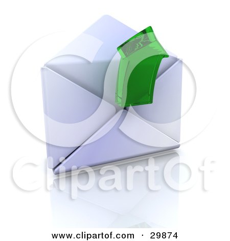Clipart Illustration of a Green Transparent Arrow Emerging From An Open Envelope by KJ Pargeter