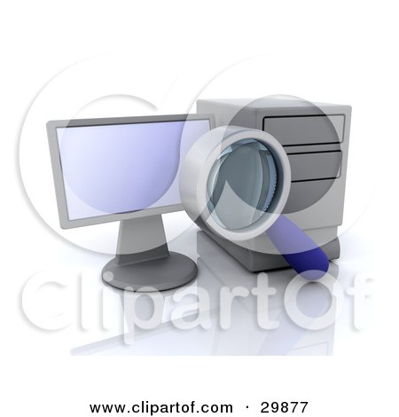 Clipart Illustration of a Magnifying Glass Doing A Search On A Desktop Computer by KJ Pargeter