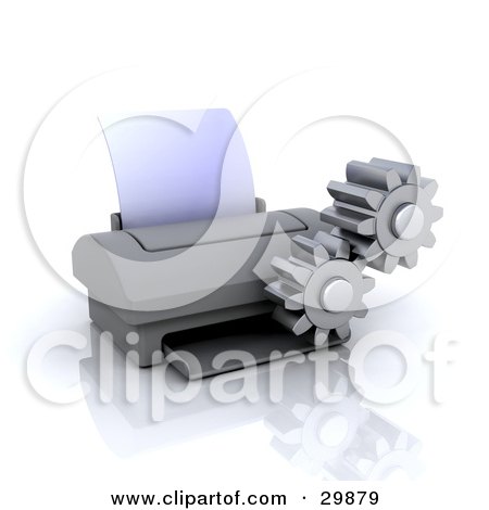 Clipart Illustration of a Pair Of Cogs Working By A Computer Printer by KJ Pargeter